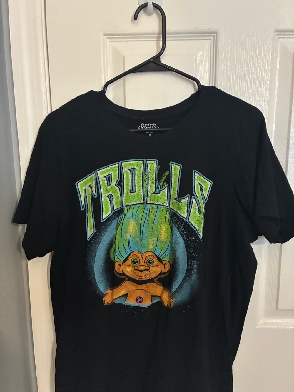 Goodfellow & Co Black Trolls Graphic Tee with Green and Blue Design